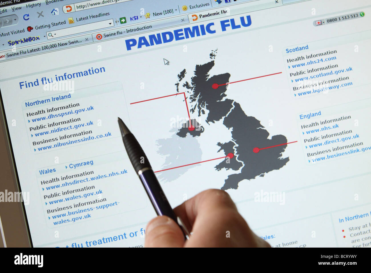 Schweinegrippe H1N1 UK Regierung pandemische Grippe-Informations-Website ging am 24.7.09 Screenshot Stockfoto