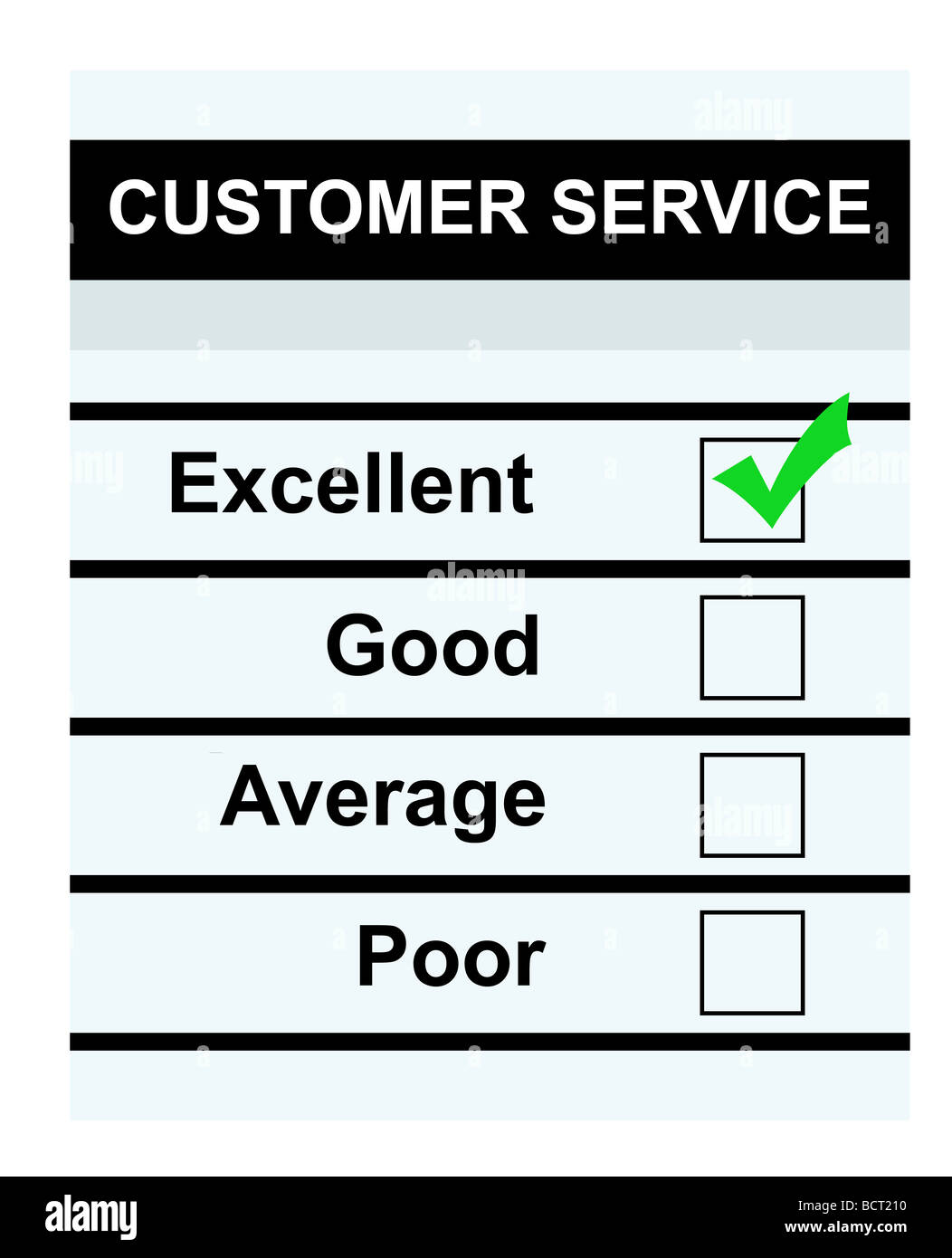 Kunden-Service-Fragebogen mit grünen Häkchen in ausgezeichneten Feld isoliert auf weißem Hintergrund Stockfoto