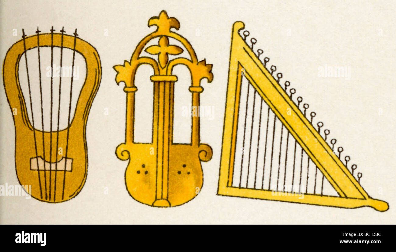 Die Leier (links und Mitte) und Harfe wurden Musikinstrumente häufig verwendet, um christliche Gottesdienste im Mittelalter zu begleiten. Stockfoto