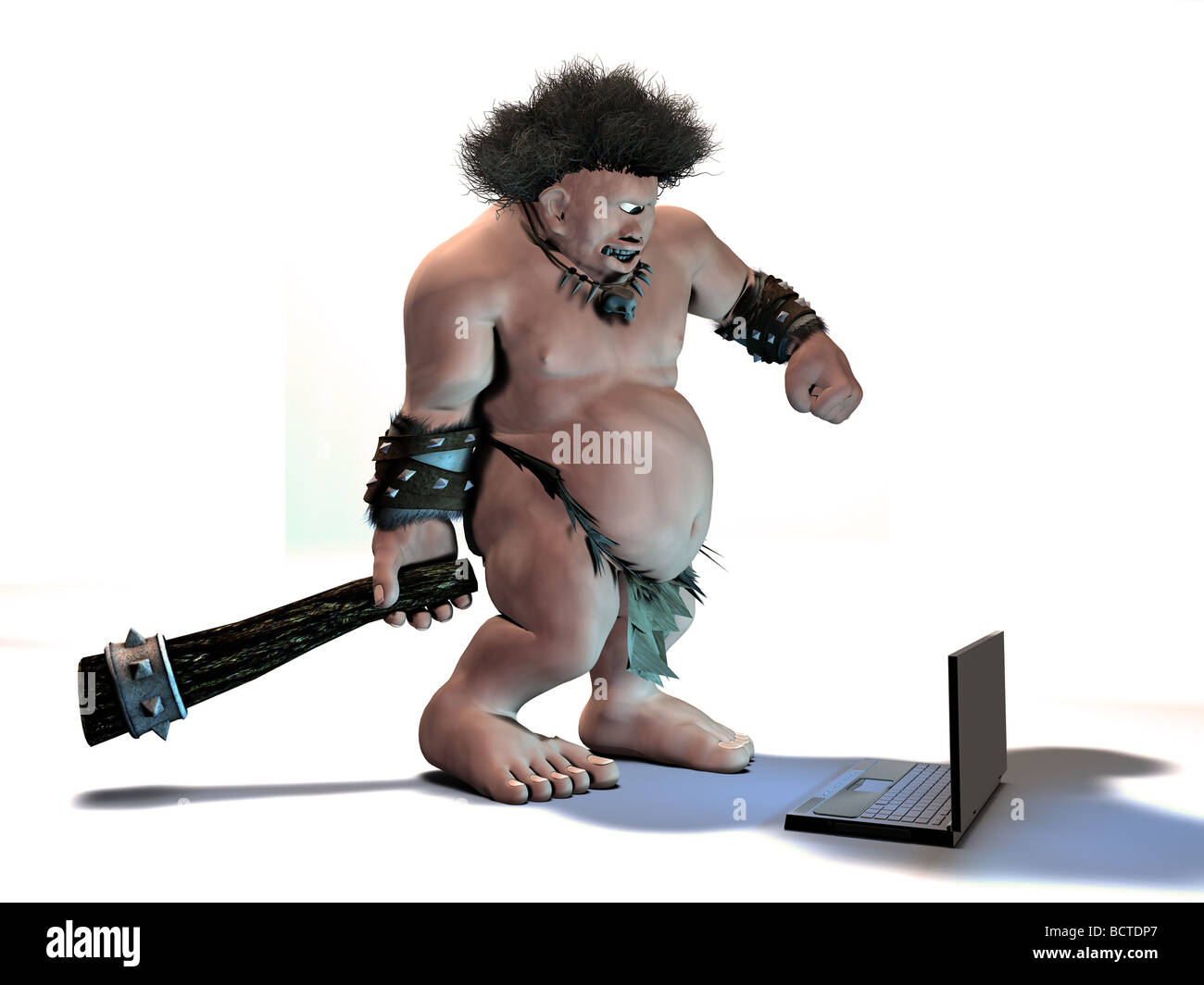 Ein einäugiger Höhlenmensch ist frustriert mit seinem neuen Laptop und bereitet es zu beheben. Stockfoto