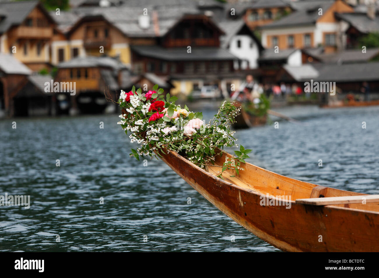 Festlich geschmückt "Plaette" Boot, maritime Fronleichnamsprozession, Hallstatt, siehe Hallstaetter See, Salzkammergut-Region, Stockfoto