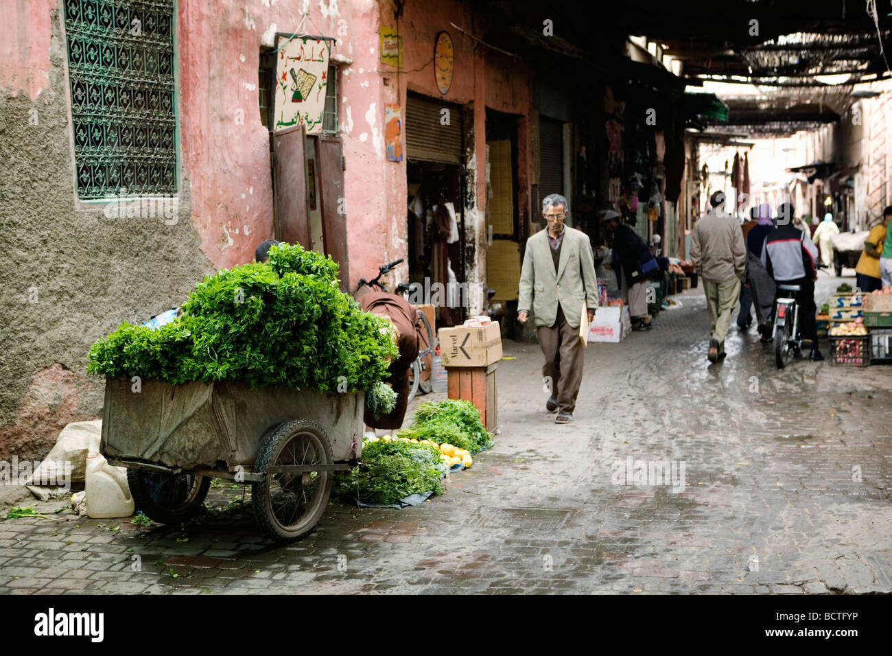 Ein Wagen voller frischer Minze in einer engen Markt-Gasse (Souk oder Souq) in Medina, der Altstadt von Marrakesch, Marokko. Stockfoto