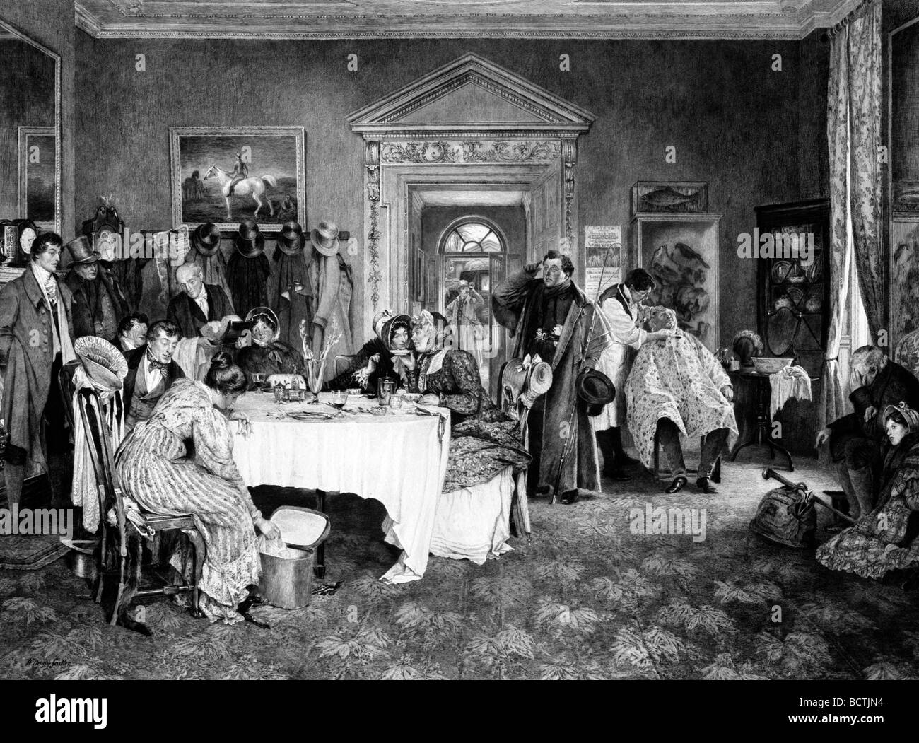 London nach York - Reisende in einer Weise zu stoppen; einige rund um Tisch, ein Mann wird rasiert und der Kutscher vor der Tür, ca. 1897 Stockfoto