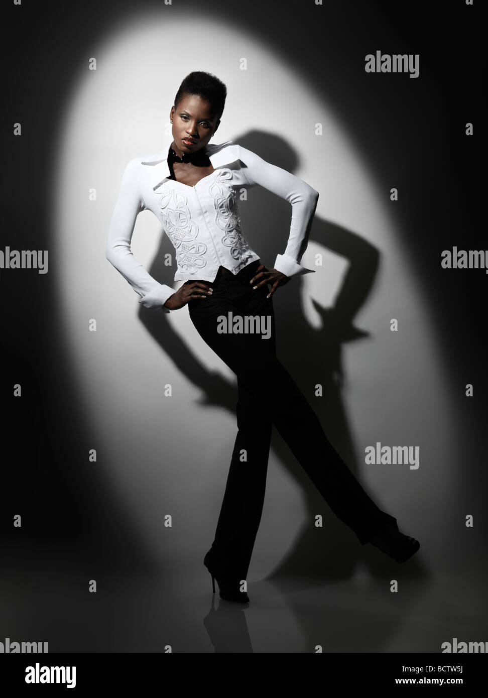 Lizenz und Drucke auf MaximImages.com - Künstlerisches Modeporträt einer schönen schwarzen afroamerikanischen Frau Stockfoto