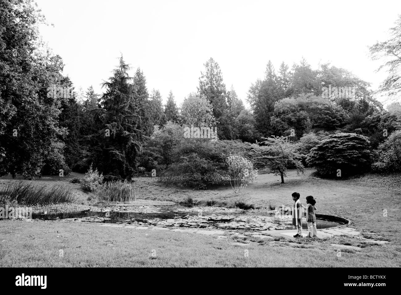 Zwei Kinder stehen in einem bewaldeten park Stockfoto