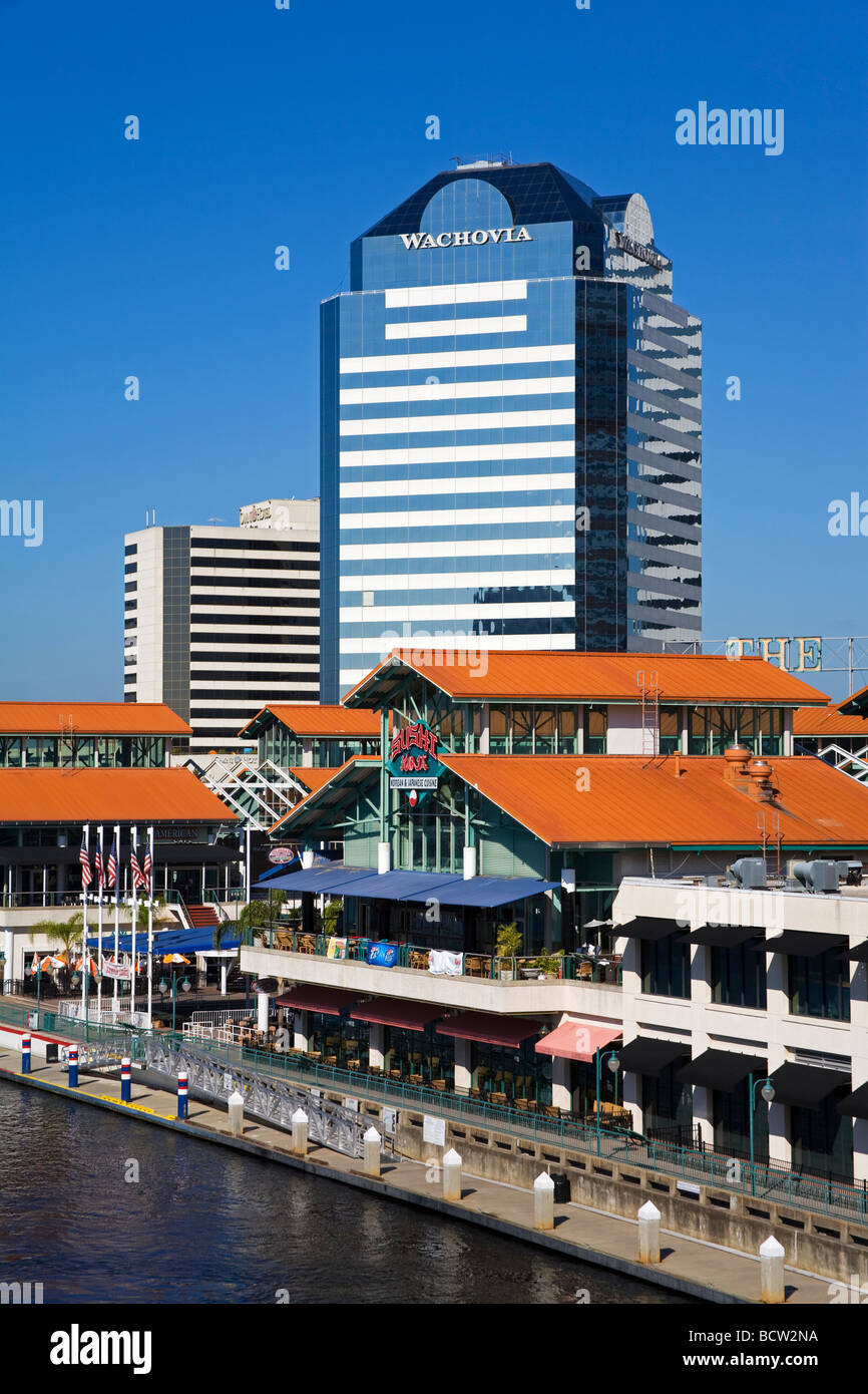 Gebäude an der Uferpromenade, Wachovia Bank, St. Johns River, Jacksonville, Duval County, Florida, USA Stockfoto