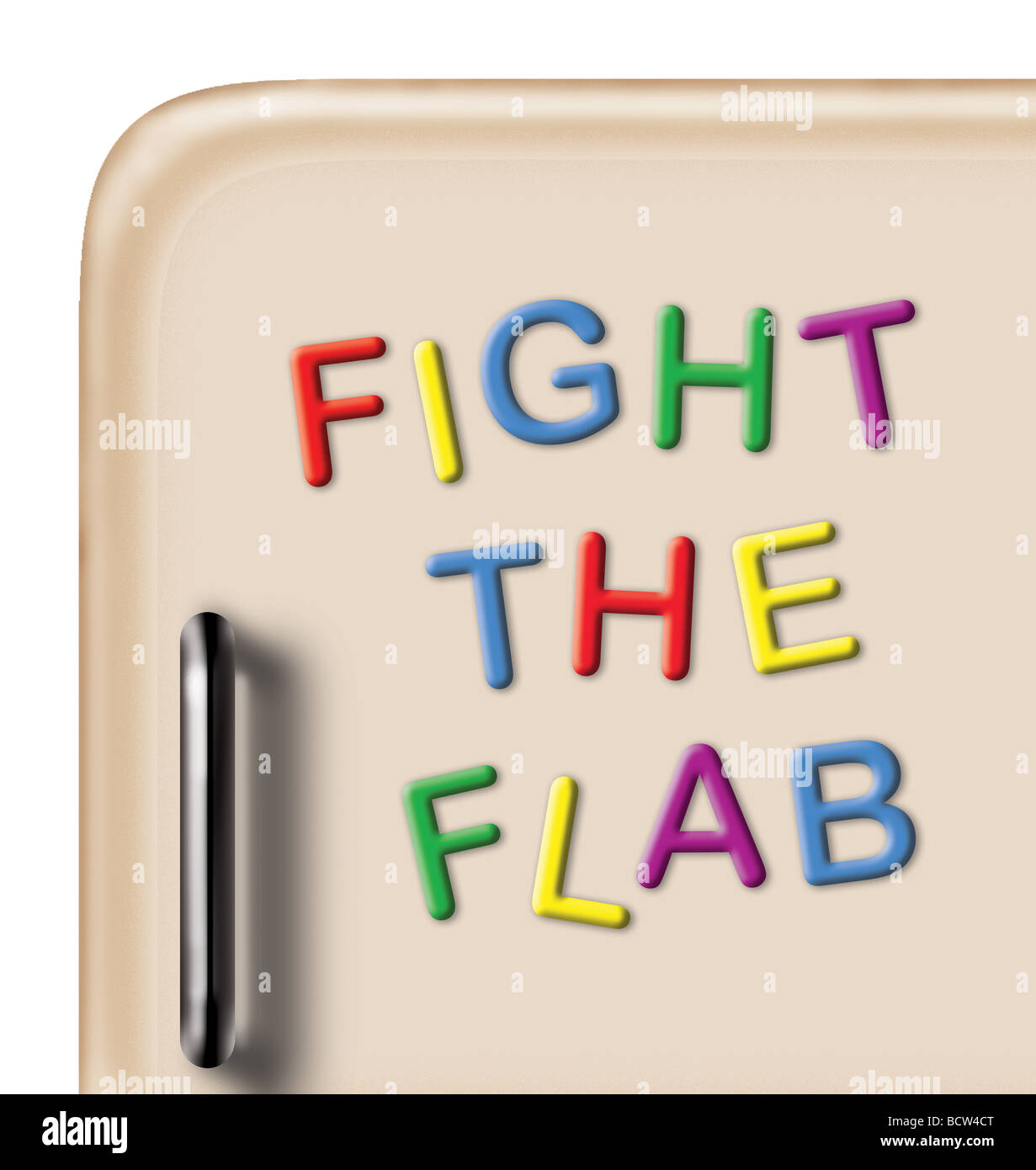 50er Jahre Stil Kühlschranktür mit Magneten machen Slogan 'FIGHT THE FLAB' auf weißem Hintergrund. Stockfoto