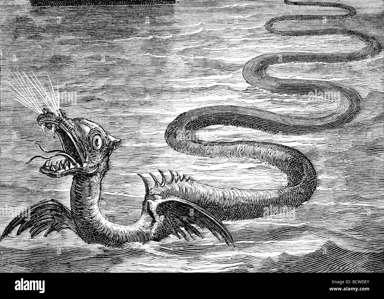 Diese Abbildung stammt aus 1891 und ist eine phantasievolle Darstellung einer Seeschlange. Stockfoto