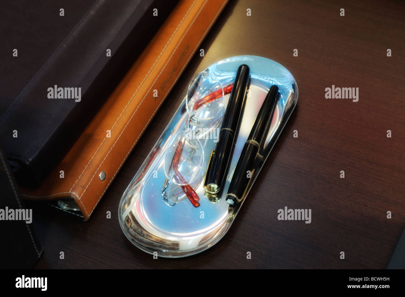 Alte Leder Ordner mit executive Art Ball zeigen Sie Stifte mit Auge Schaugläser auf elegantes Büro desktop Stockfoto