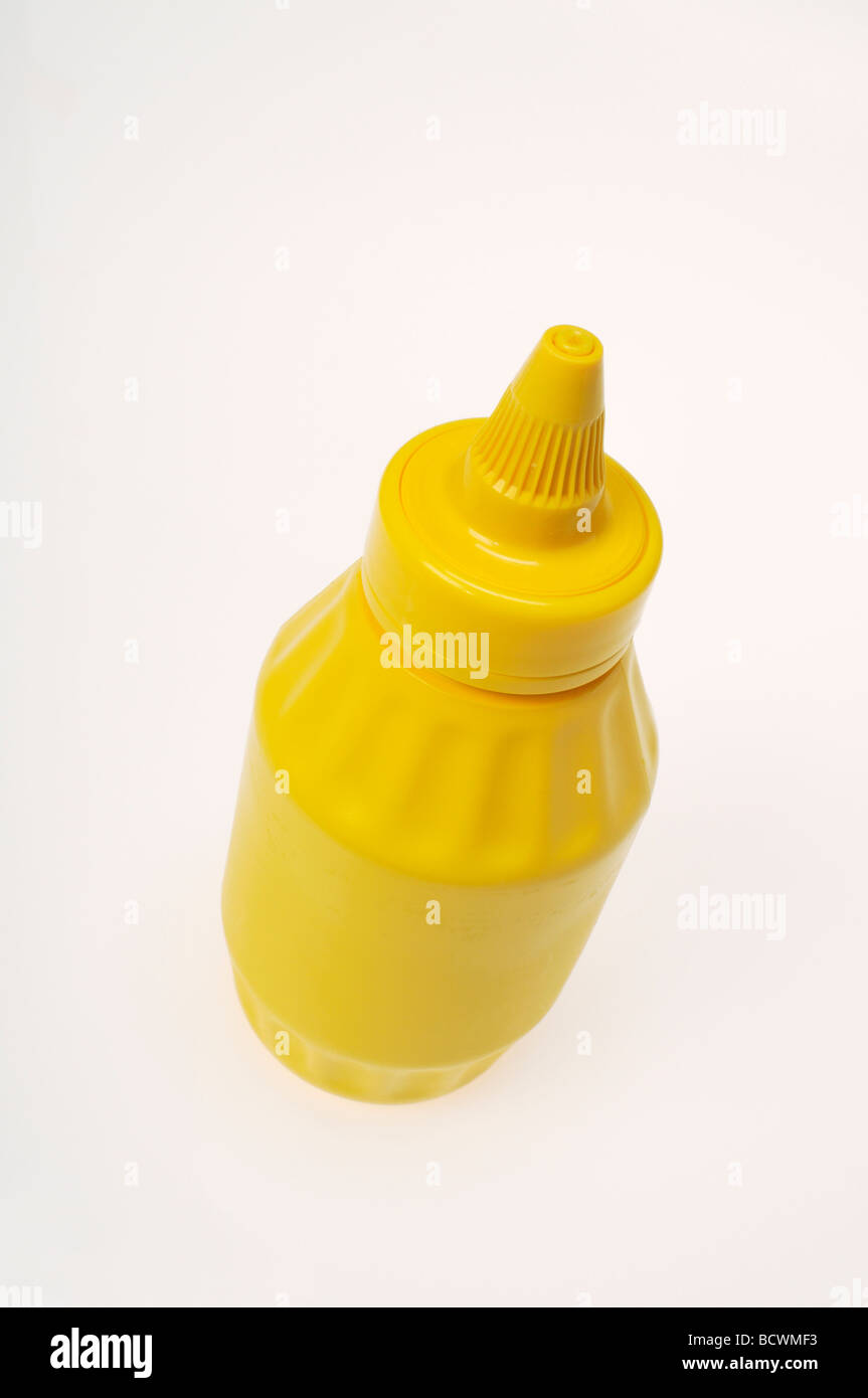 Gelben Senf Flasche keine Beschriftung auf weißem Hintergrund kein Label. Stockfoto