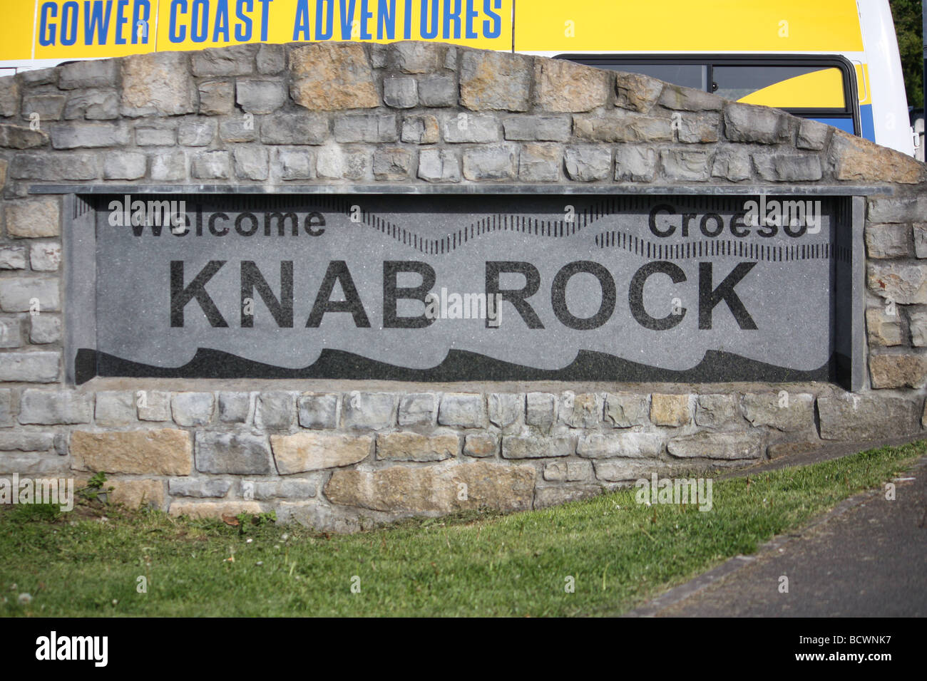 'welcome to Knab Rock' Zeichen in TheMumbles in Swansea in Südwales. Stockfoto