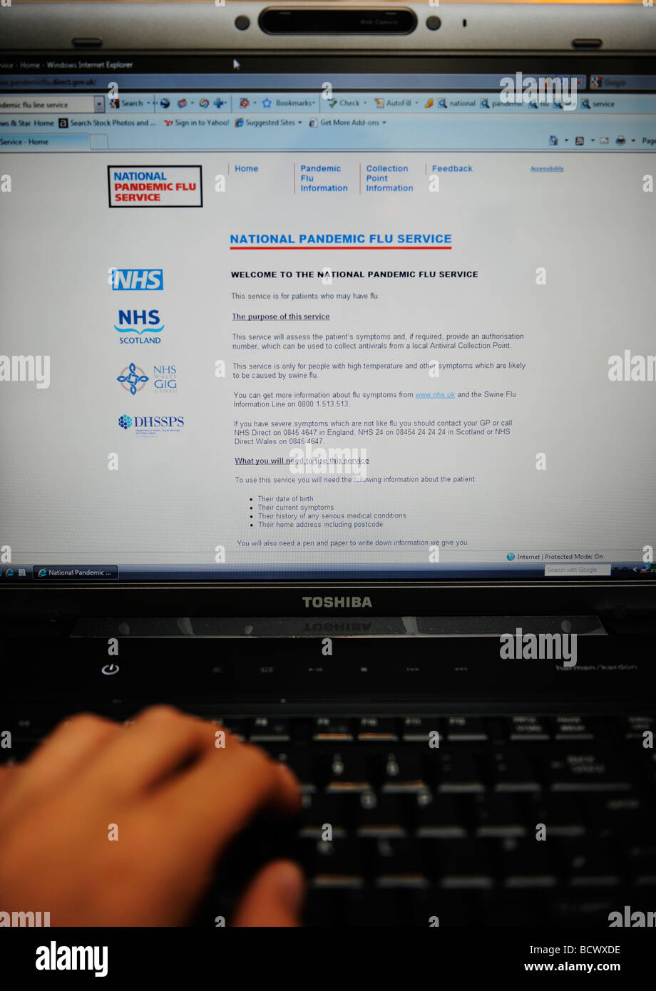 Nationalen pandemische Grippe-Line-Service-Website von der NHS-Abteilung der Gesundheit Online Assesment für Symptome der Schweinegrippe H1N1 Stockfoto Nationalen pandemische Grippe-Line-Service-Website von der NHS-Abteilung der Gesundheit Online Assesment für Symptome der Schweinegrippe H1N1 Stockfoto