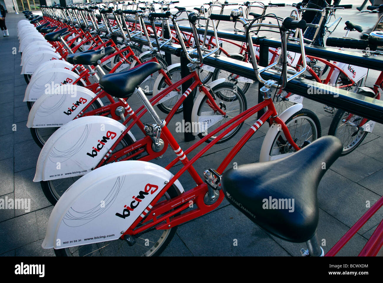 Bicing kommunale Self-Service-Verleih Fahrräder vor MACBA Barcelona City Katalonien Spanien Barcelona Stockfoto