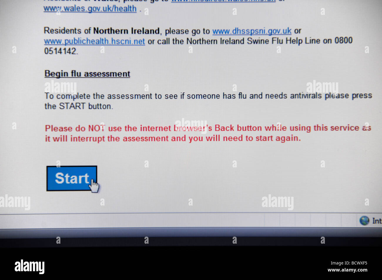 Nationalen pandemische Grippe-Line-Service-Website von der NHS-Abteilung der Gesundheit Online Assesment für Symptome der Schweinegrippe H1N1 Stockfoto Nationalen pandemische Grippe-Line-Service-Website von der NHS-Abteilung der Gesundheit Online Assesment für Symptome der Schweinegrippe H1N1 Stockfoto