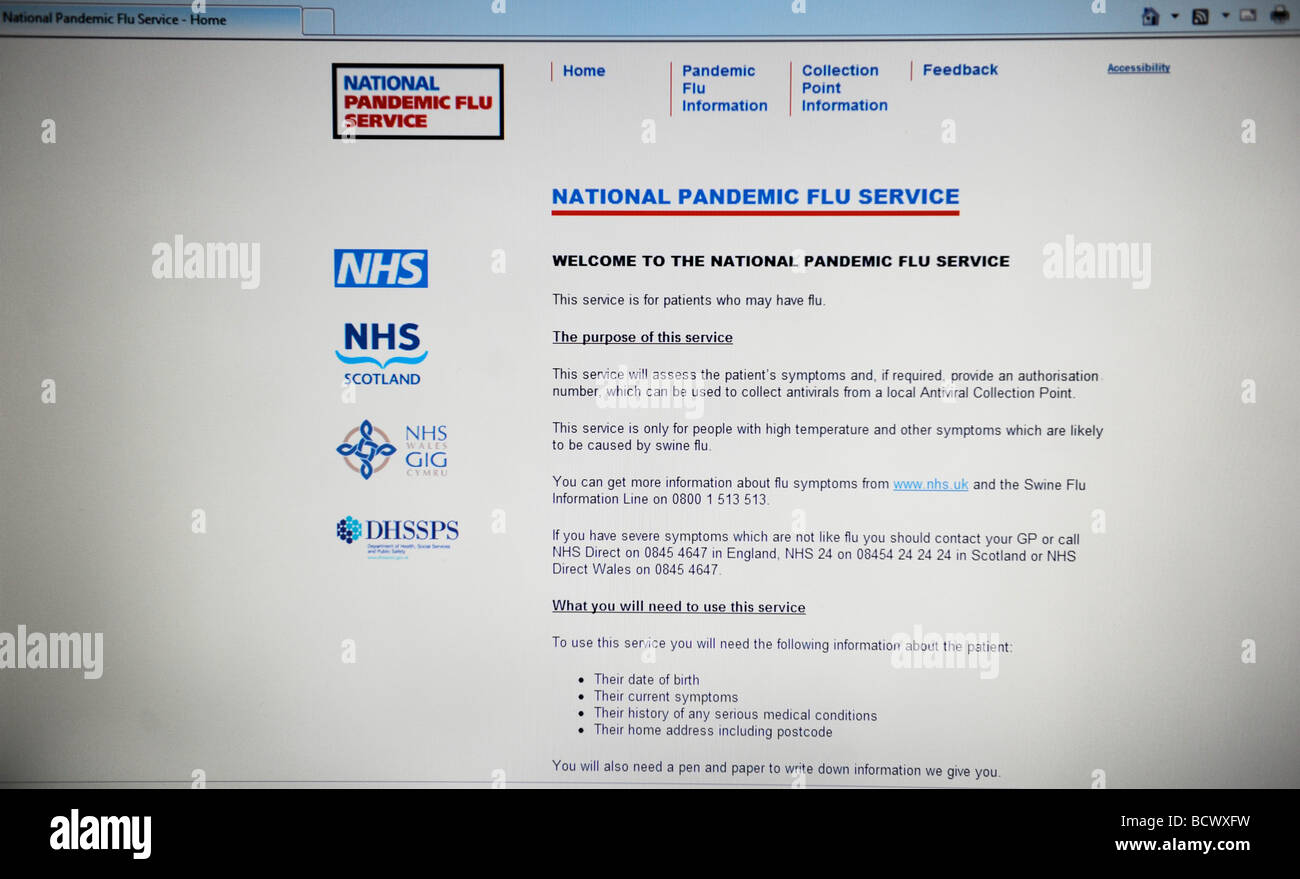 Nationalen pandemische Grippe-Line-Service-Website von der NHS-Abteilung der Gesundheit Online Assesment für Symptome der Schweinegrippe H1N1 Stockfoto Nationalen pandemische Grippe-Line-Service-Website von der NHS-Abteilung der Gesundheit Online Assesment für Symptome der Schweinegrippe H1N1 Stockfoto