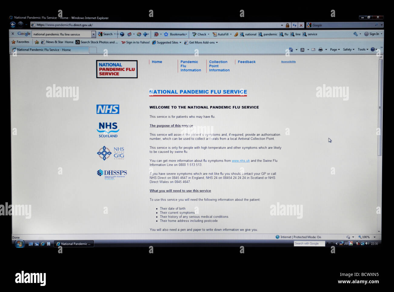 Nationalen pandemische Grippe-Line-Service-Website von der NHS-Abteilung der Gesundheit Online Assesment für Symptome der Schweinegrippe H1N1 Stockfoto Nationalen pandemische Grippe-Line-Service-Website von der NHS-Abteilung der Gesundheit Online Assesment für Symptome der Schweinegrippe H1N1 Stockfoto