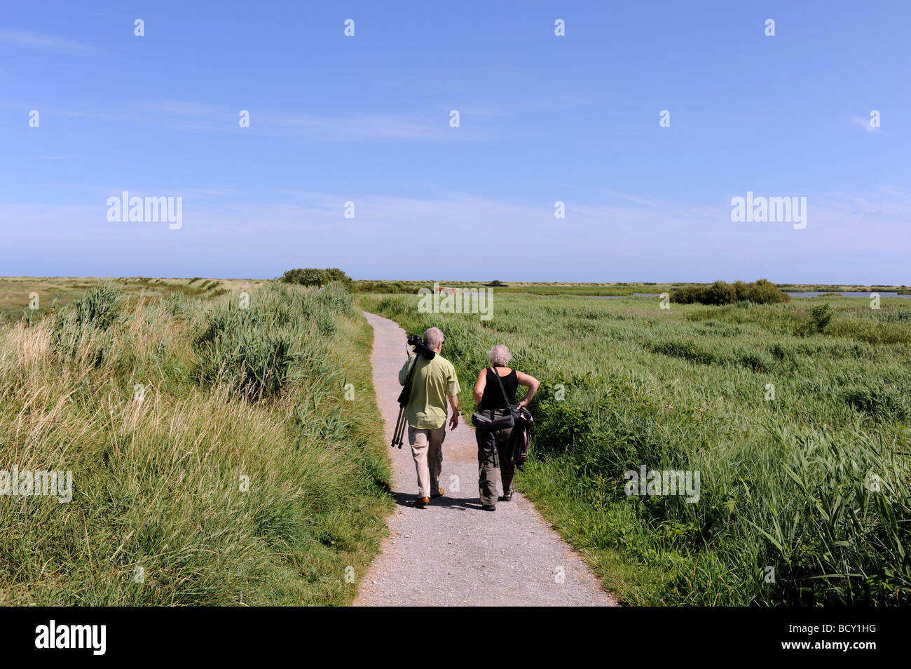 Vogelbeobachter Durchführung Bereiche und Geräte bei der RSPB Titchwell Marsh Nature Reserve auf der Küste von North Norfolk UK Stockfoto