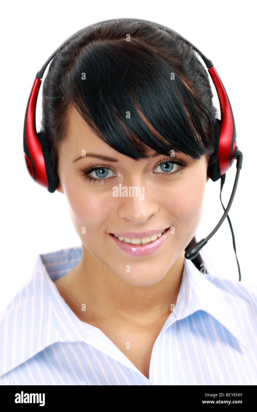 Junge Frau in Einem Callcenter Mit Kopfhörer junge Frau operator Stockfoto