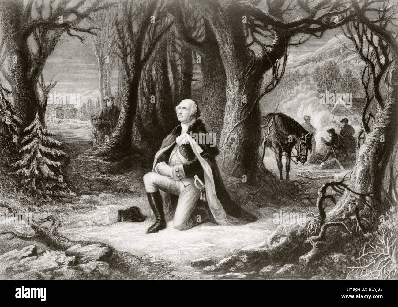 George Washington betet an den amerikanischen Unabhängigkeitskrieg Lager der Senke-Schmiede im Winter 1777-1778. Stockfoto