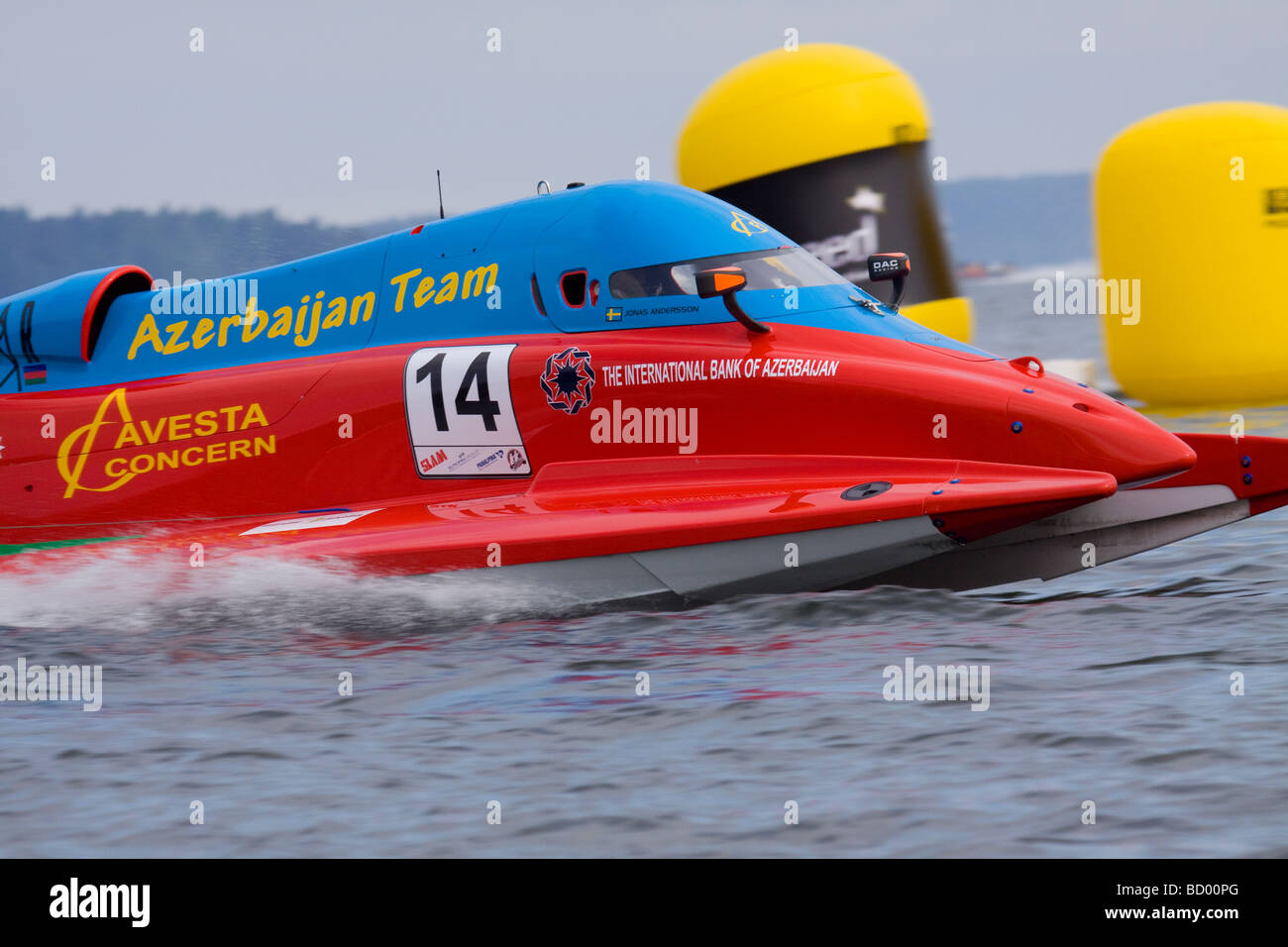 Von F1 Powerboat World Championship in Lahti Finnland 12.-13. Juni 2009. Fahrer Jonas Andersson Boot 14 Stockfoto