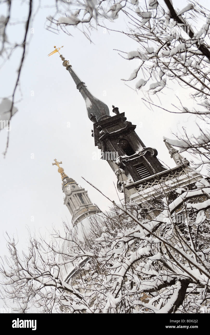 Die Türme der St. Pauls Cathedral, London und Bäume mit Schnee bedeckt Stockfoto