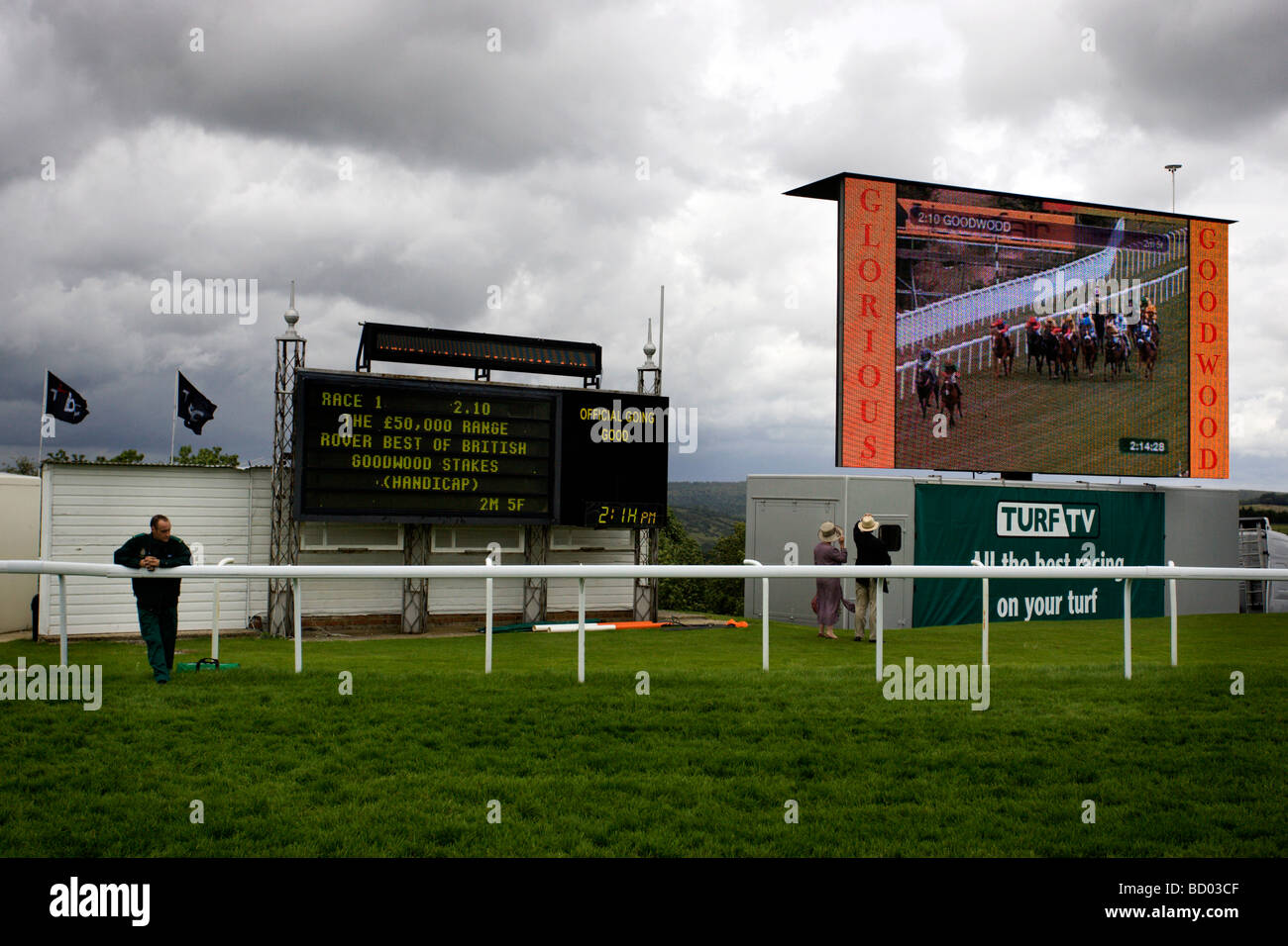 Blick auf die große Leinwand im 14:10 ersten Rennen des Tages in Glorious Goodwood, West Sussex. Stockfoto