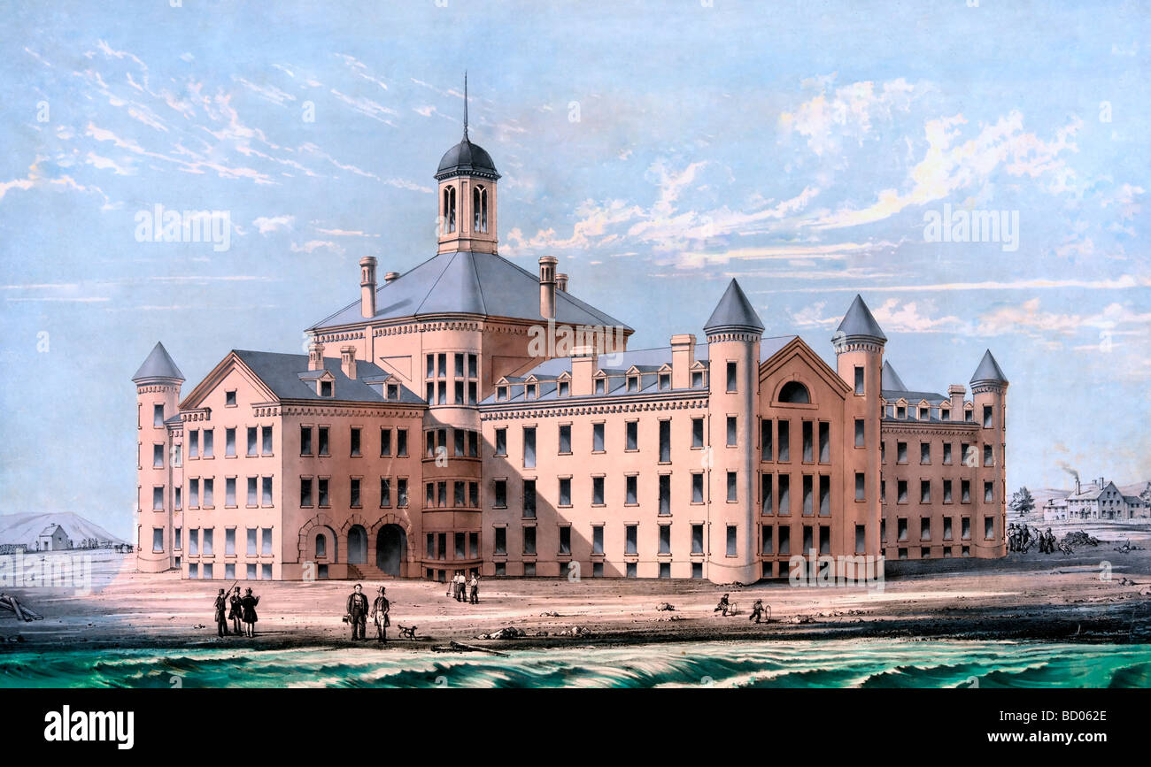 Blick auf das neue Haus der Almosen für die Stadt von Boston im Bundesstaat Massachusetts, auf Deer Island im Hafen von Boston, ca. 1852 Stockfoto
