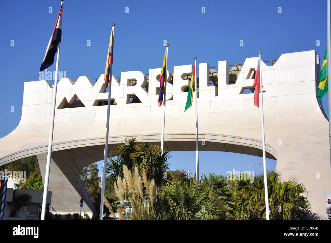 Eingang Ortsschild, Marbella, Costa Del Sol, Provinz Malaga, Andalusien, Spanien Stockfoto
