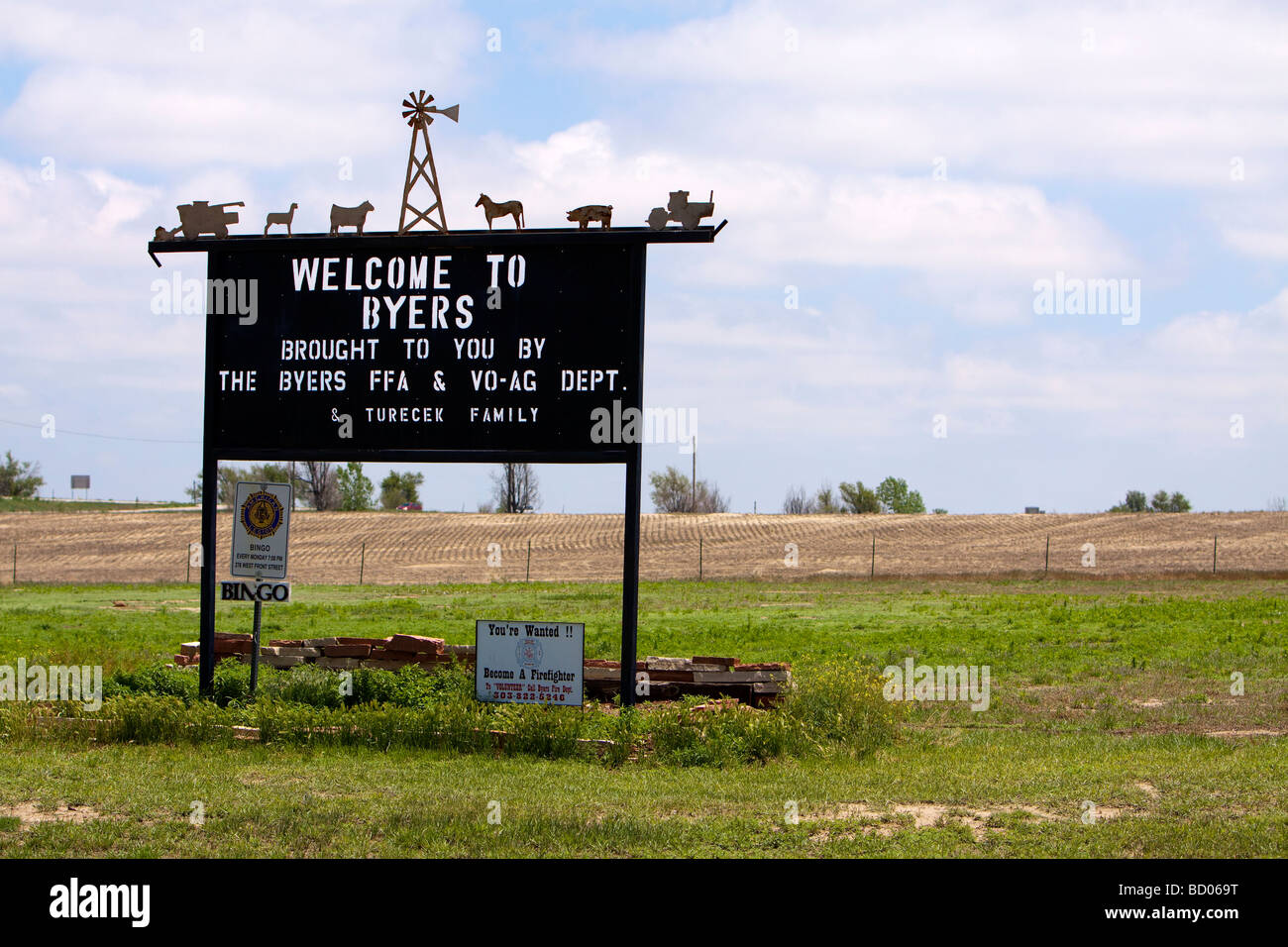Ein Zeichen, begrüßen die Besucher nach Byers Kansas 4. Juni 2009 Stockfoto