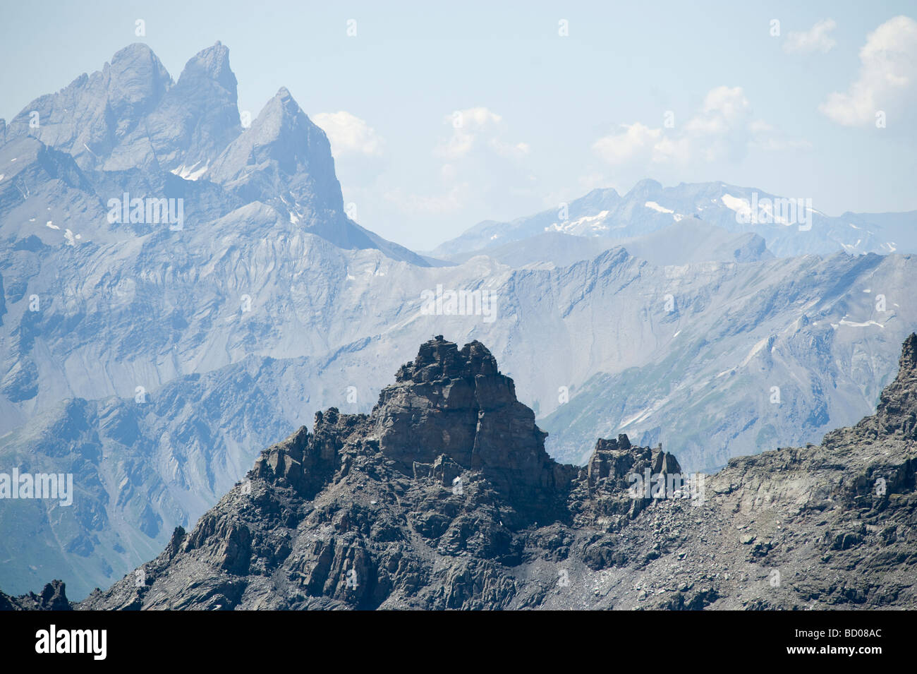 Die Aiguilles D'Arves vom Gipfel des Cime de Caron alpine Frankreich Stockfoto