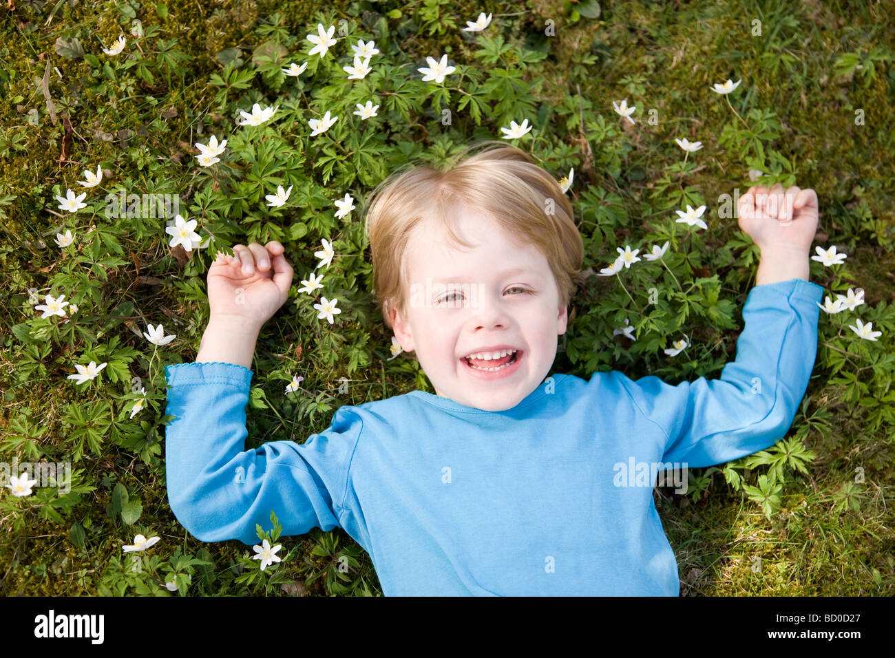 junge liegend im Rasen zu lachen Stockfoto