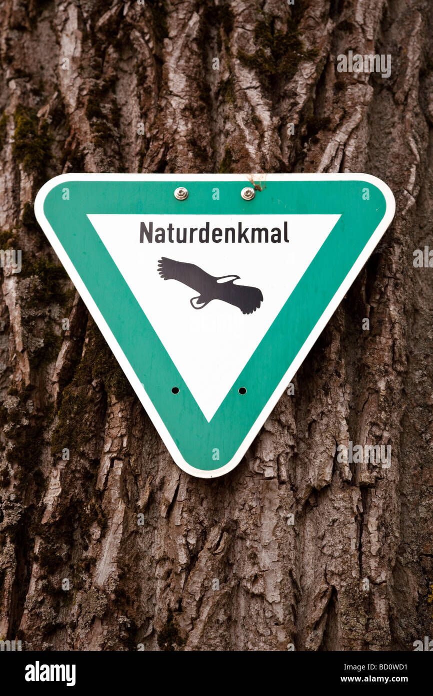 Deutschland, Europa - Naturdenkmal Zeichen bezeichnet eine alte Eiche als Naturdenkmal Stockfoto