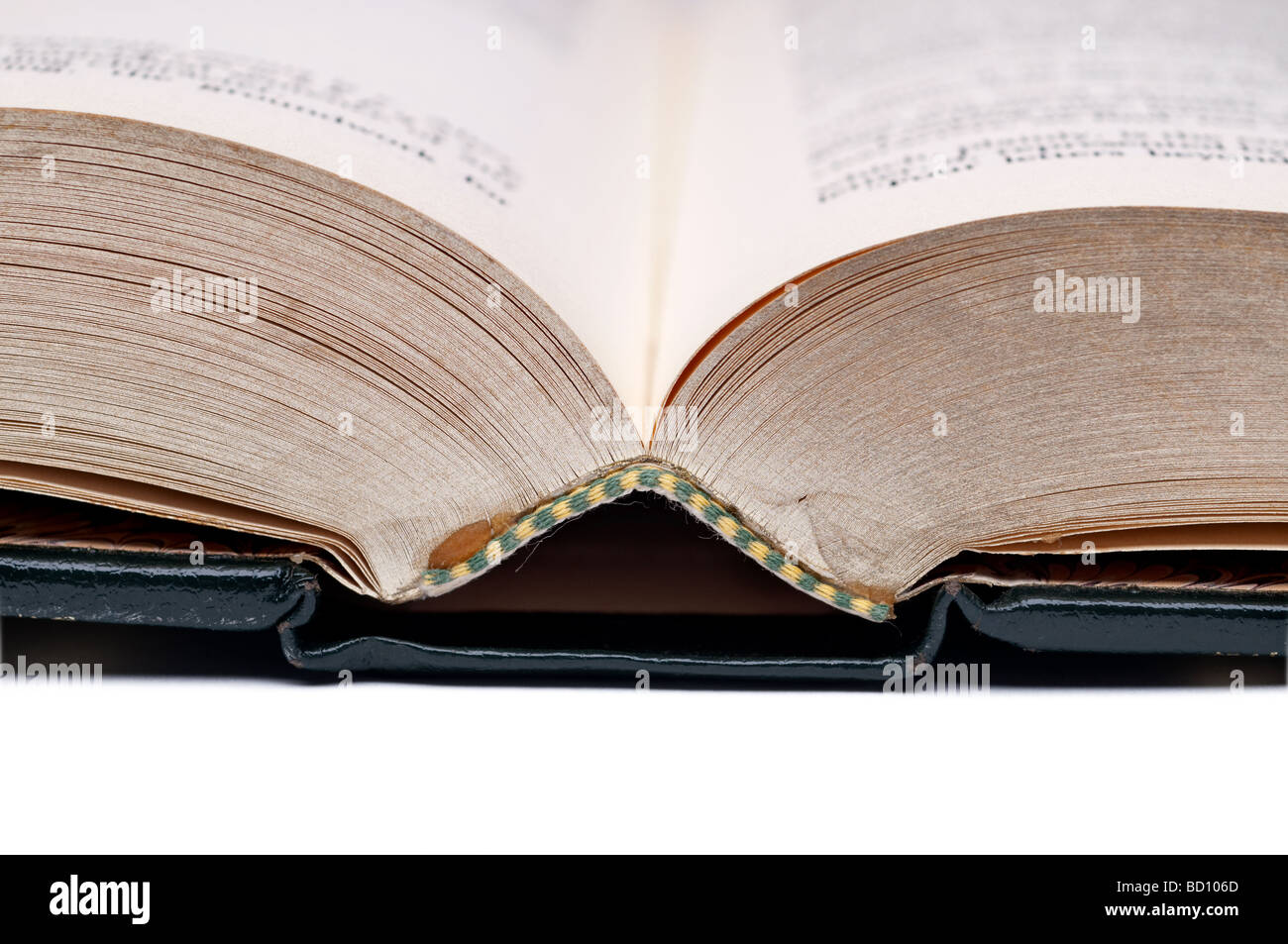 horizontalen flachen Fokus Nahaufnahme eines alten aufgeschlagenen Buches Stockfoto