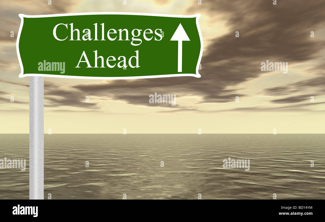 Straßenschild mit einem Pfeil und das Wort "Herausforderungen" Stockfoto