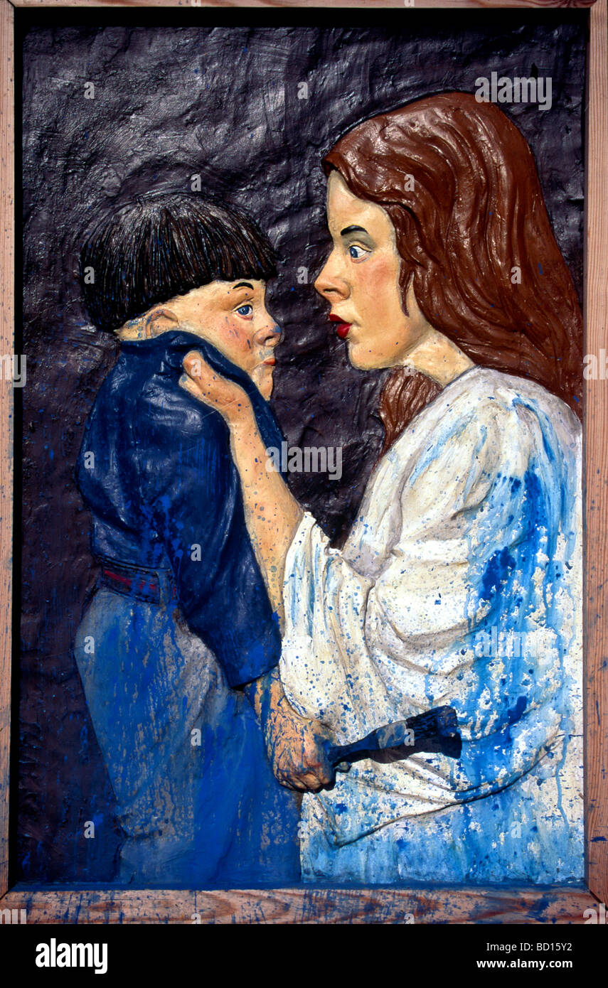 Kinderdisziplin. Malerei einer Mutter Schimpferei und Disziplinierung eines Kindes. Gescannter 35-mm-Transparentfilm Stockfoto
