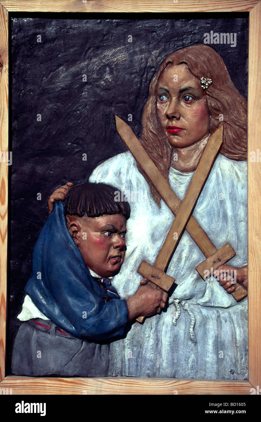 Kinderdisziplin. Malerei einer Mutter, die ein Kind schimpft und diszipliniert. Stockfoto