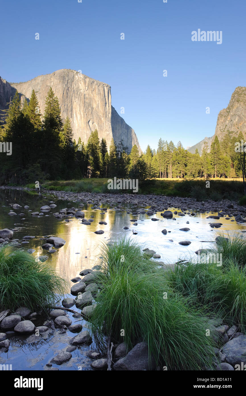 USA-Kalifornien-Yosemite-Nationalpark Merced River El Capitan und Talblick Stockfoto