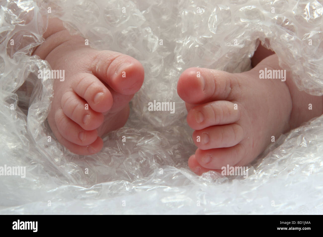 Baby Füße verpackt in Luftpolsterfolie Stockfoto