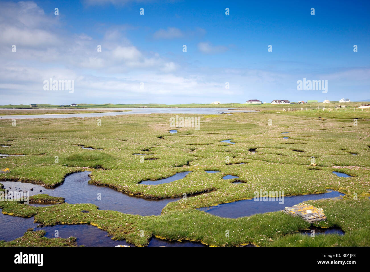 Salzwiesen in der Nähe von North Uist in der Western Isles of Scotland hebt Sands Stockfoto