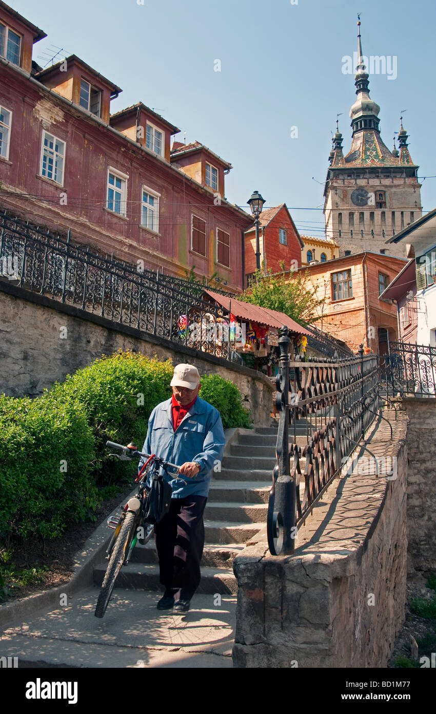 Treppe zum mittelalterlichen Zitadelle der rumänischen Stadt von Sighisoara (Schassburg in deutscher Sprache) mit Uhrturm oben in Siebenbürgen Stockfoto