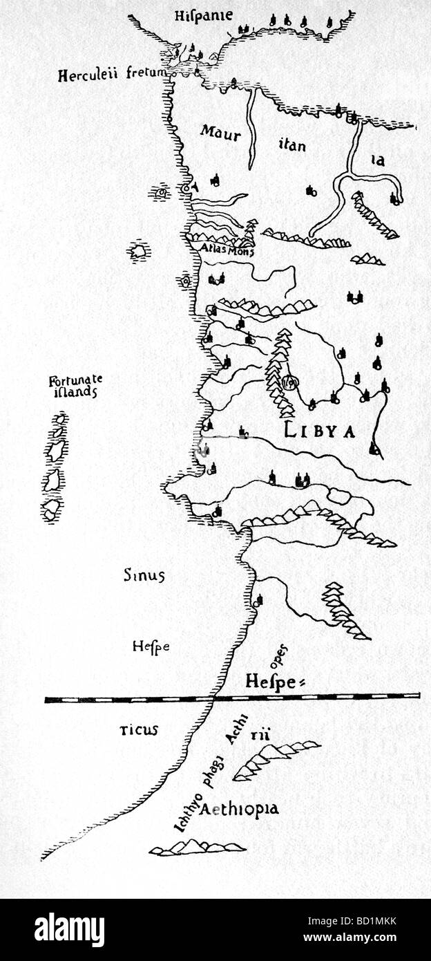 Diese Karte von der Küste Afrikas reproduziert die Ausgabe des Kartographen Mercator nach Ptolemäus I Karte in A.D. 150. Stockfoto