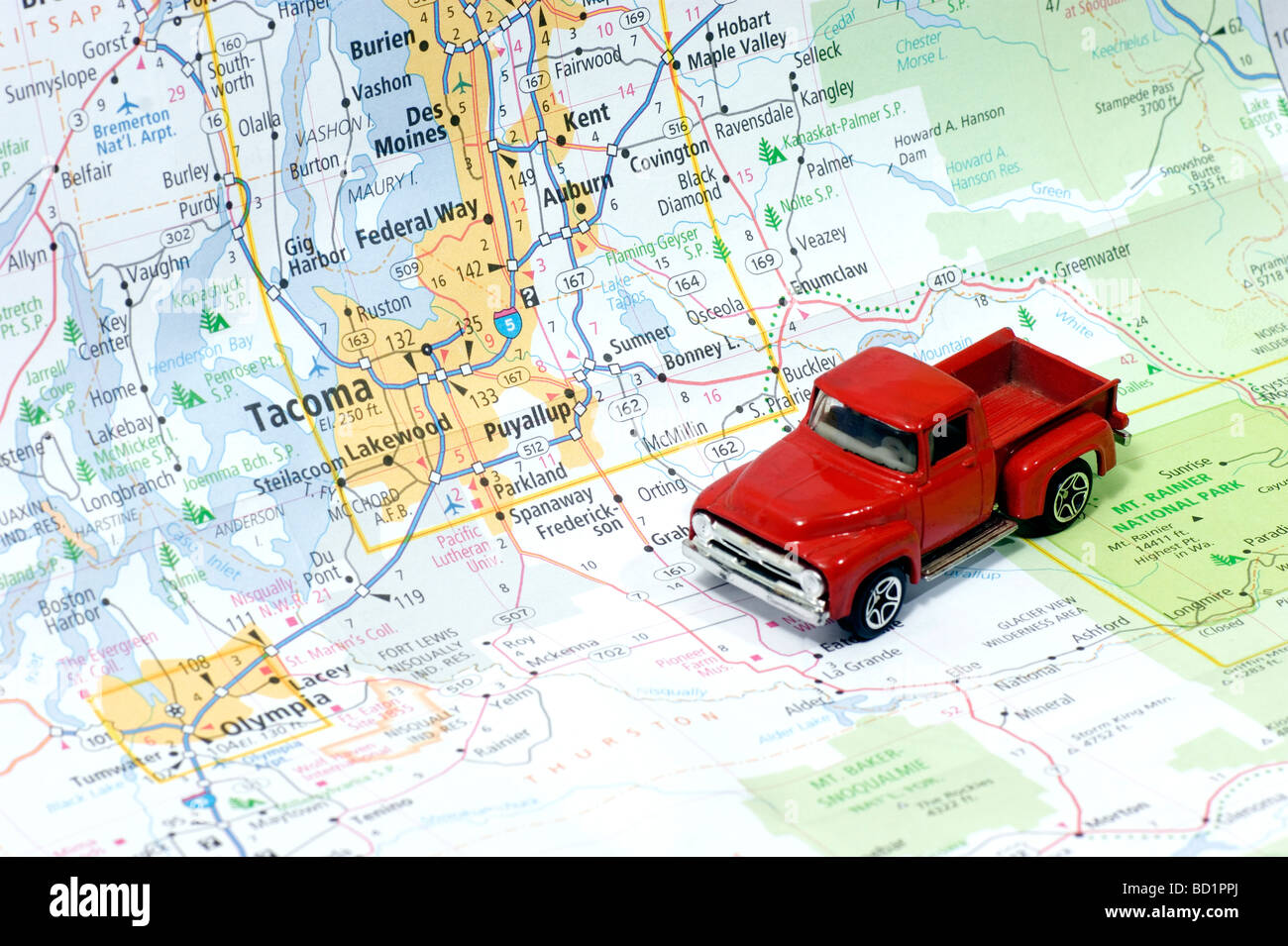 Automobile auf Straßenkarte oder Seattle Tacoma Washington USA Vereinigte Staaten von Amerika Stockfoto
