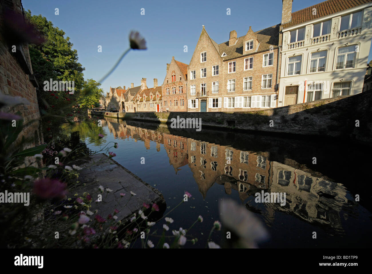 Wohnhaus spiegeln sich in einem Kanal im historischen Zentrum von Brügge Belgien Europa Stockfoto
