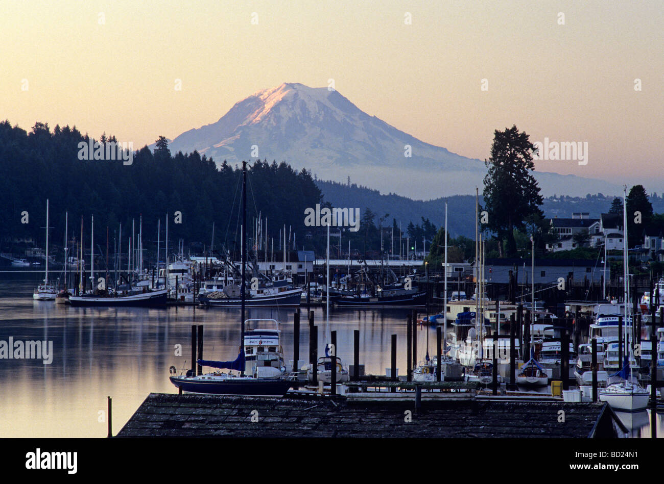 Gig Harbor Marina bei Sonnenaufgang mit Mount Rainier Washington State USA Stockfoto