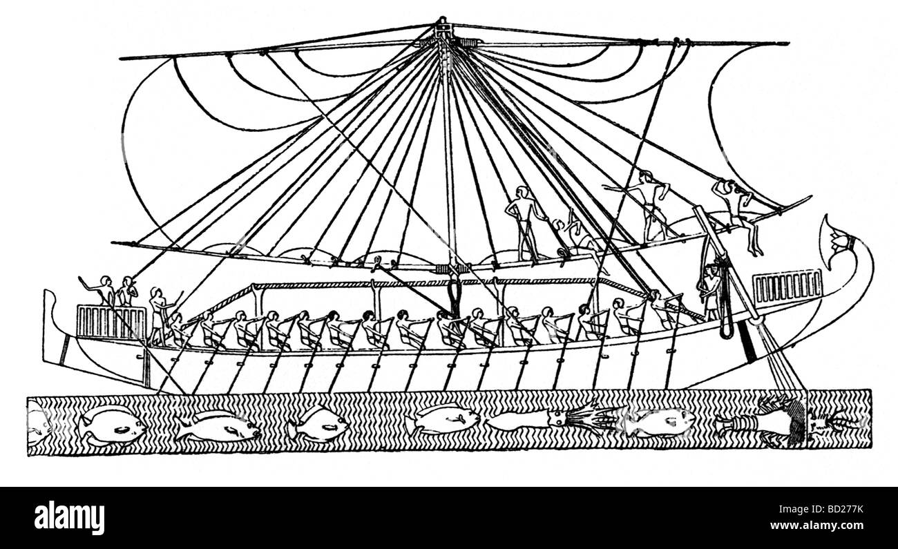 Eine ägyptische Segelschiff, beladen mit Handel waren nach Süden auf dem Nil, dem sagenumwobenen Land Punt, im heutigen Somalia Stockfoto