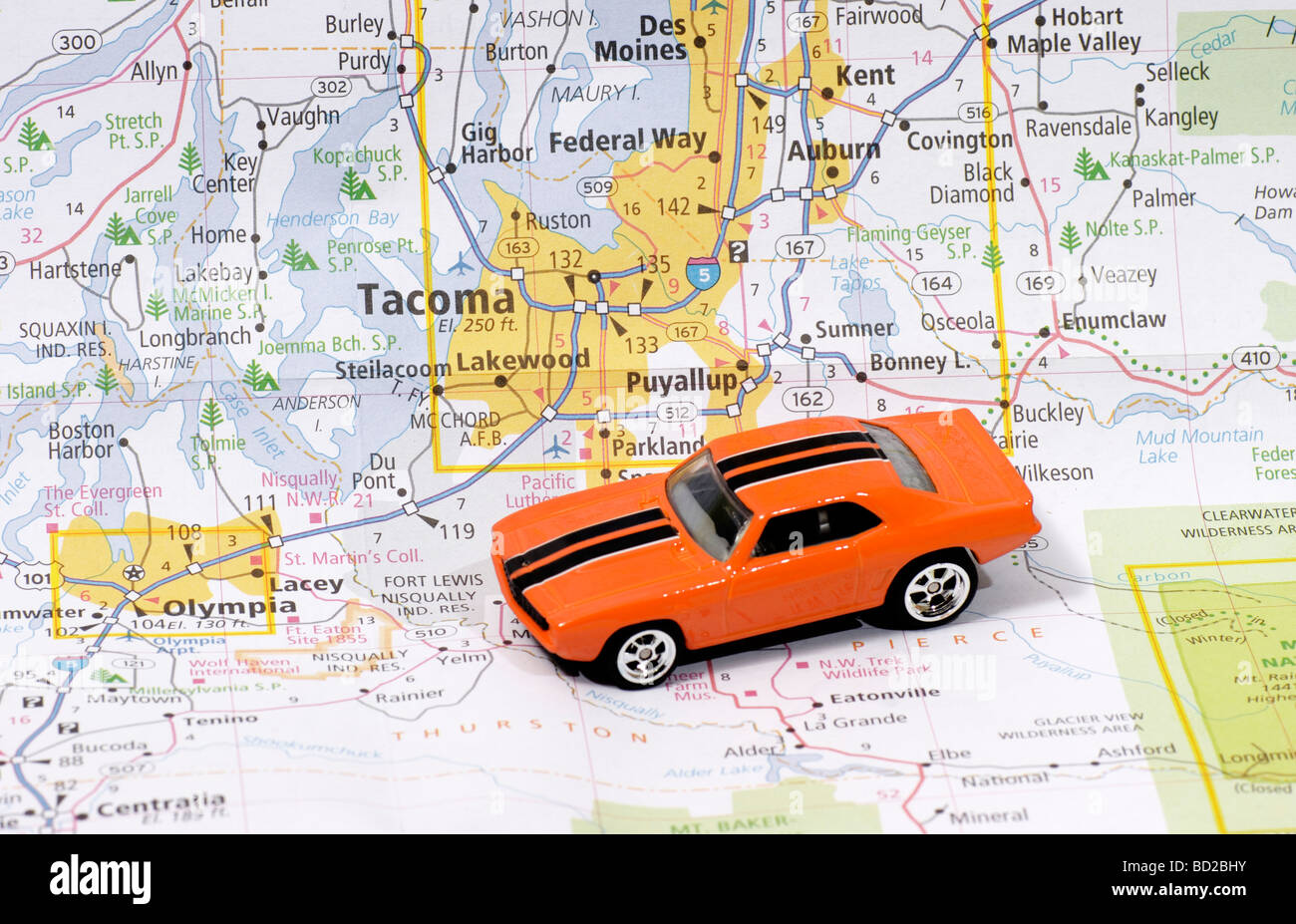 Automobile auf Straßenkarte oder Seattle Tacoma Washington USA Vereinigte Staaten von Amerika Stockfoto