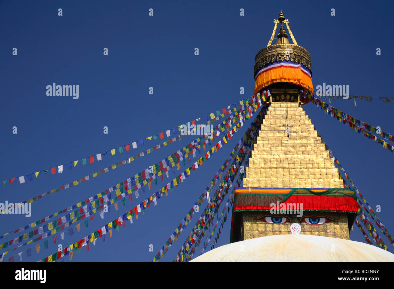 der Turm der Bodnath Stupa in Kathmandu, Nepal Stockfoto