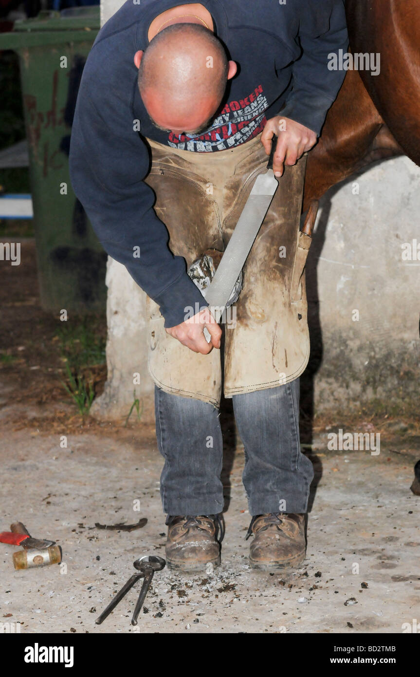 Hufschmied Vorbereitung einen Pferd s HUF behandeln den Huf Stockfoto