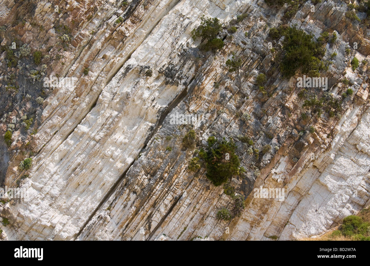 Kalkstein Felsformation am malerischen Strand Myrtos auf mediterranen griechischen Insel Kefalonia Griechenland GR Stockfoto