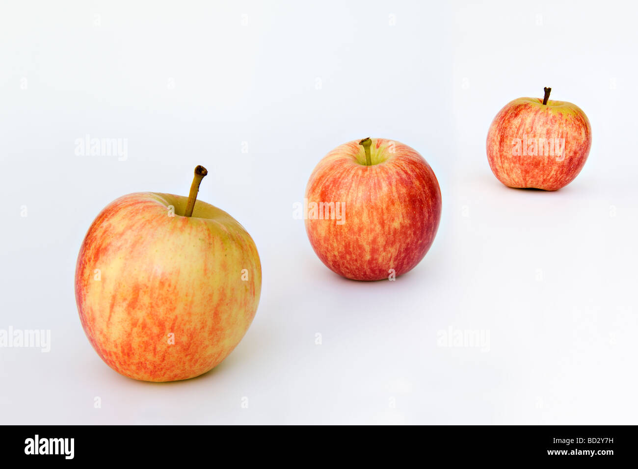Studioaufnahme von drei Gala Äpfeln in diagonalen Reihe vor weißem Hintergrund Stockfoto